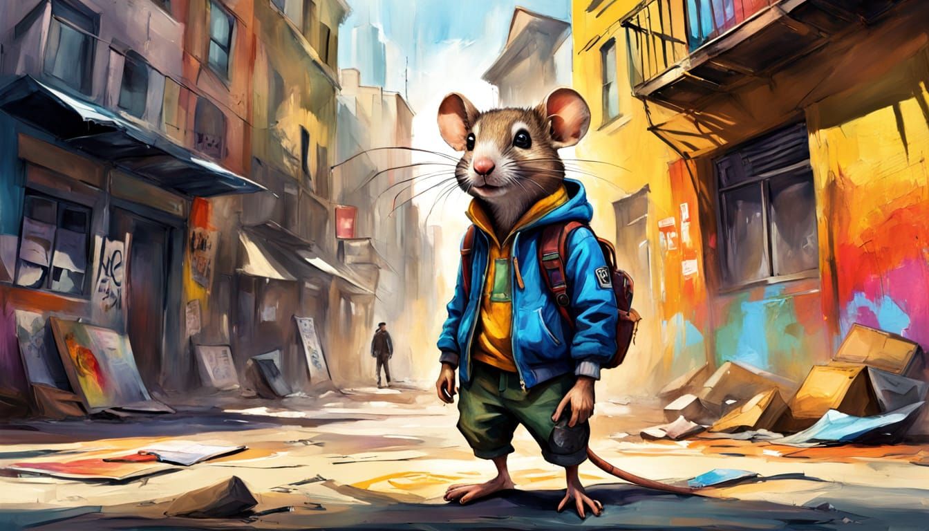 Anarchist Rodent in City Square: Vibrant Oil Painting