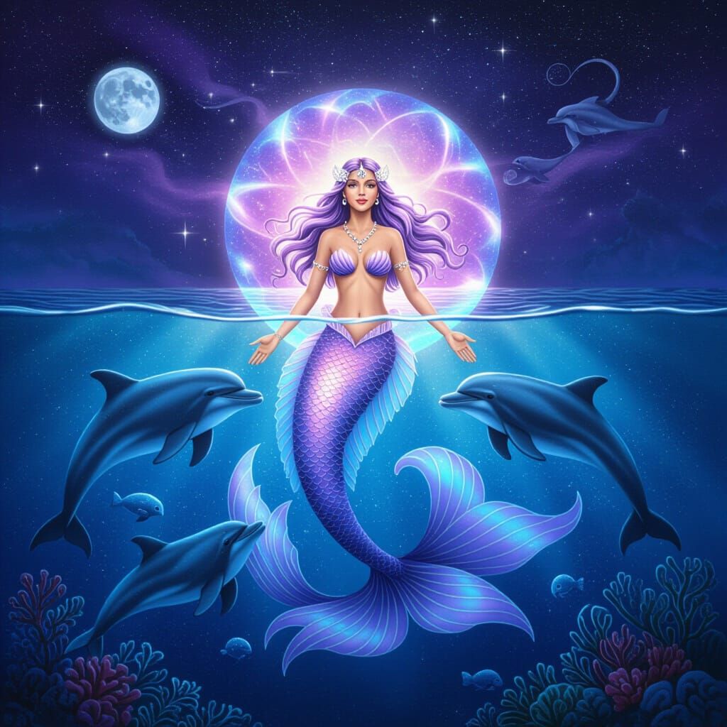 Mermaid and Dolphins in Violet Flame, Astral Illustration