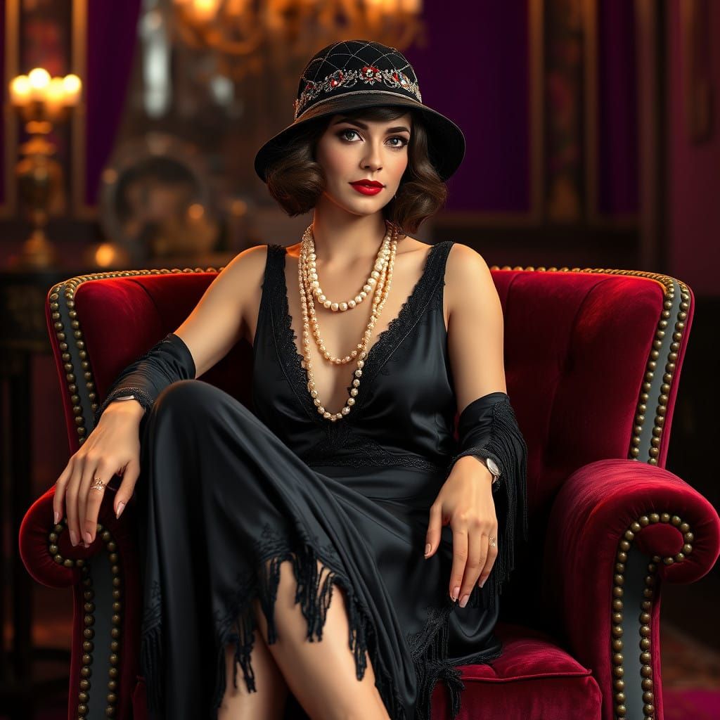 Elegant Woman in Art Deco-Inspired Setting, Exuding Timeless...