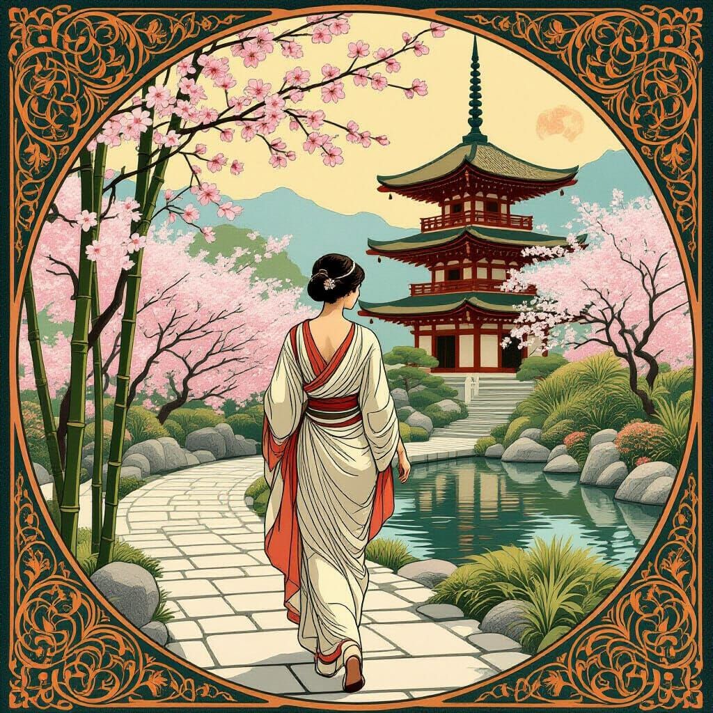 Greek Woman in Asian Garden, Art Nouveau Style