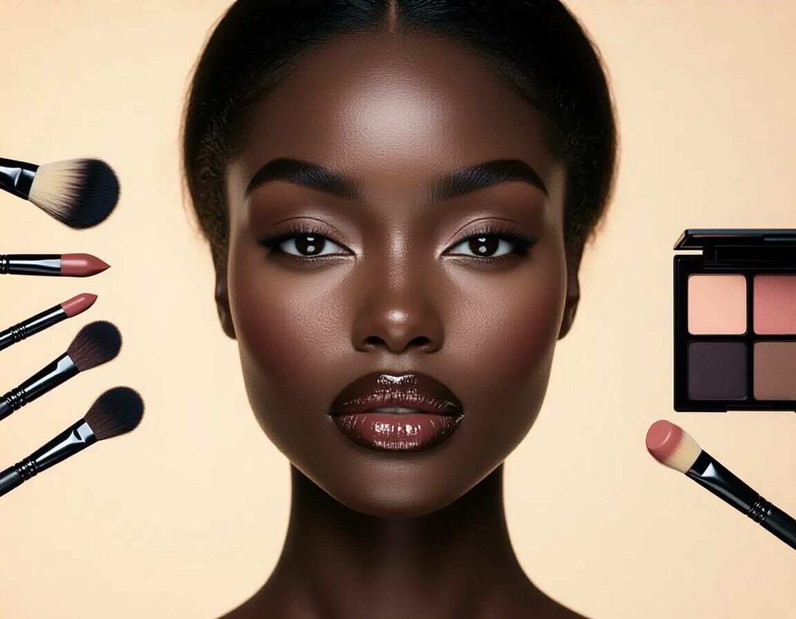 Serene Portrait with Makeup Tools in Editorial Style