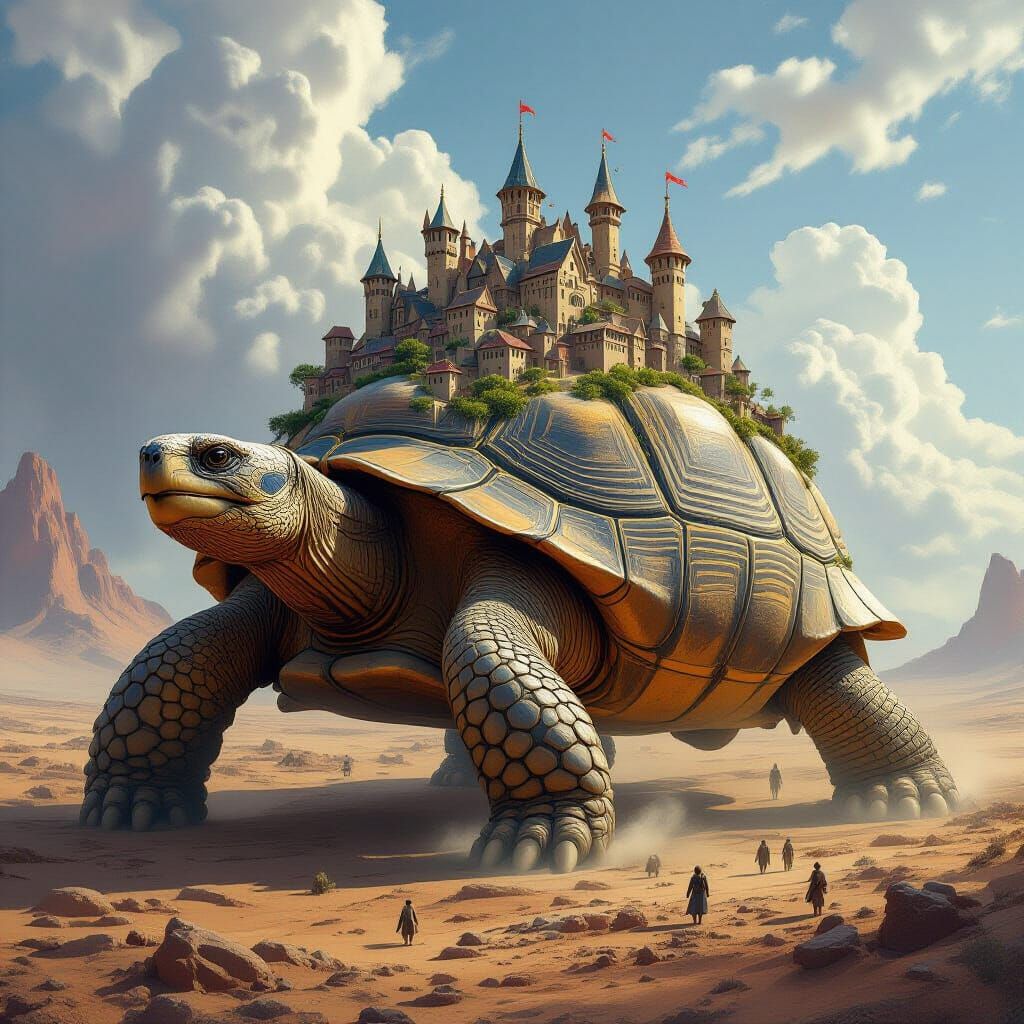 Ancient Tortoise Carrying Medieval Village Across Alien Worl...