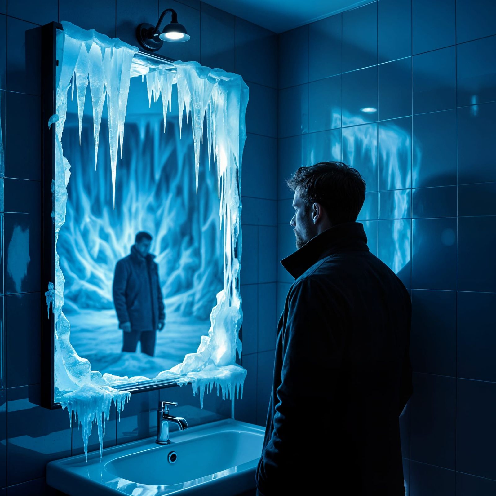 Man's Reflection Shows Frozen Alternate Reality in Mirror