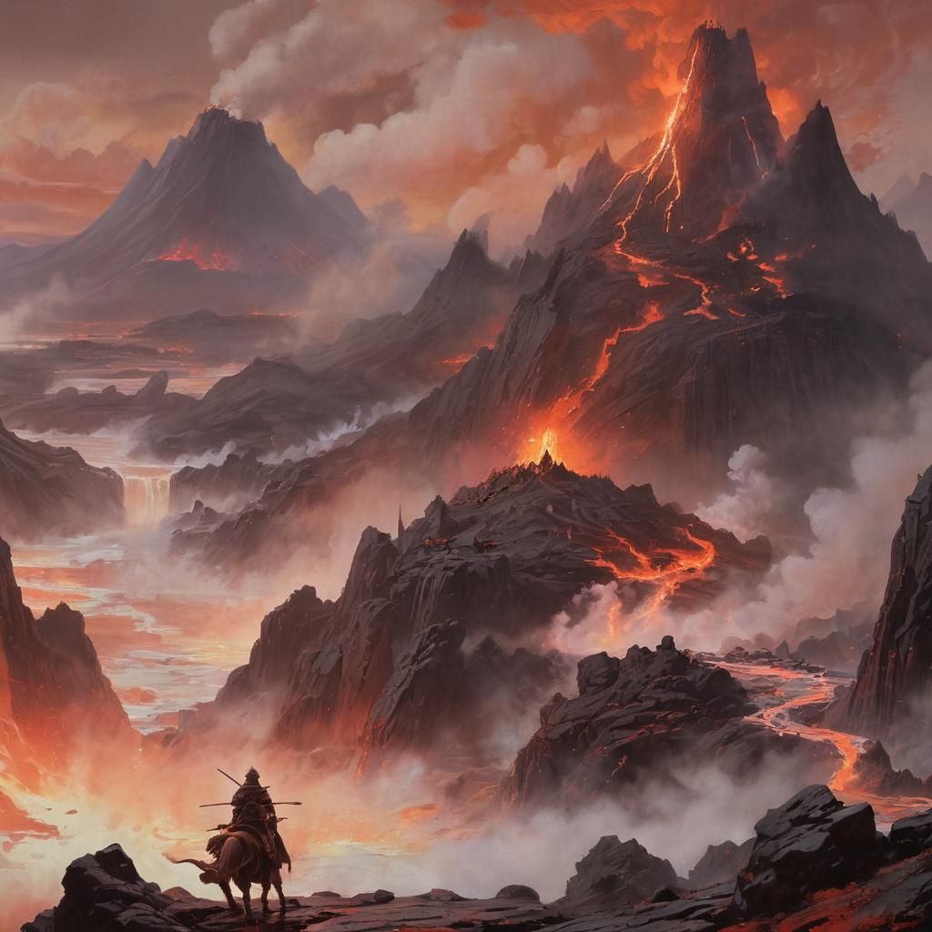 Dragon on Volcano in Fantasy Landscape Painting