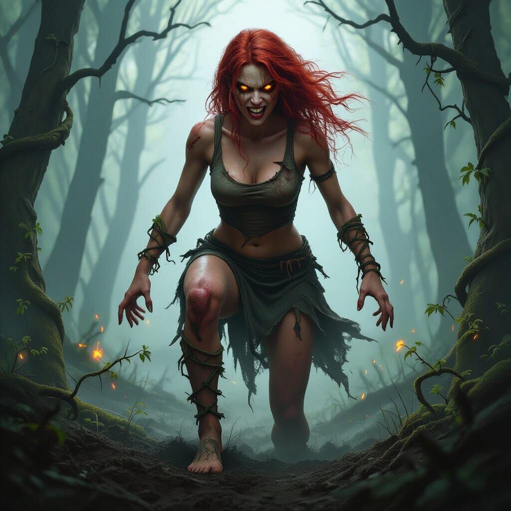 Demonic Witch in Cursed Forest with Dark Magic