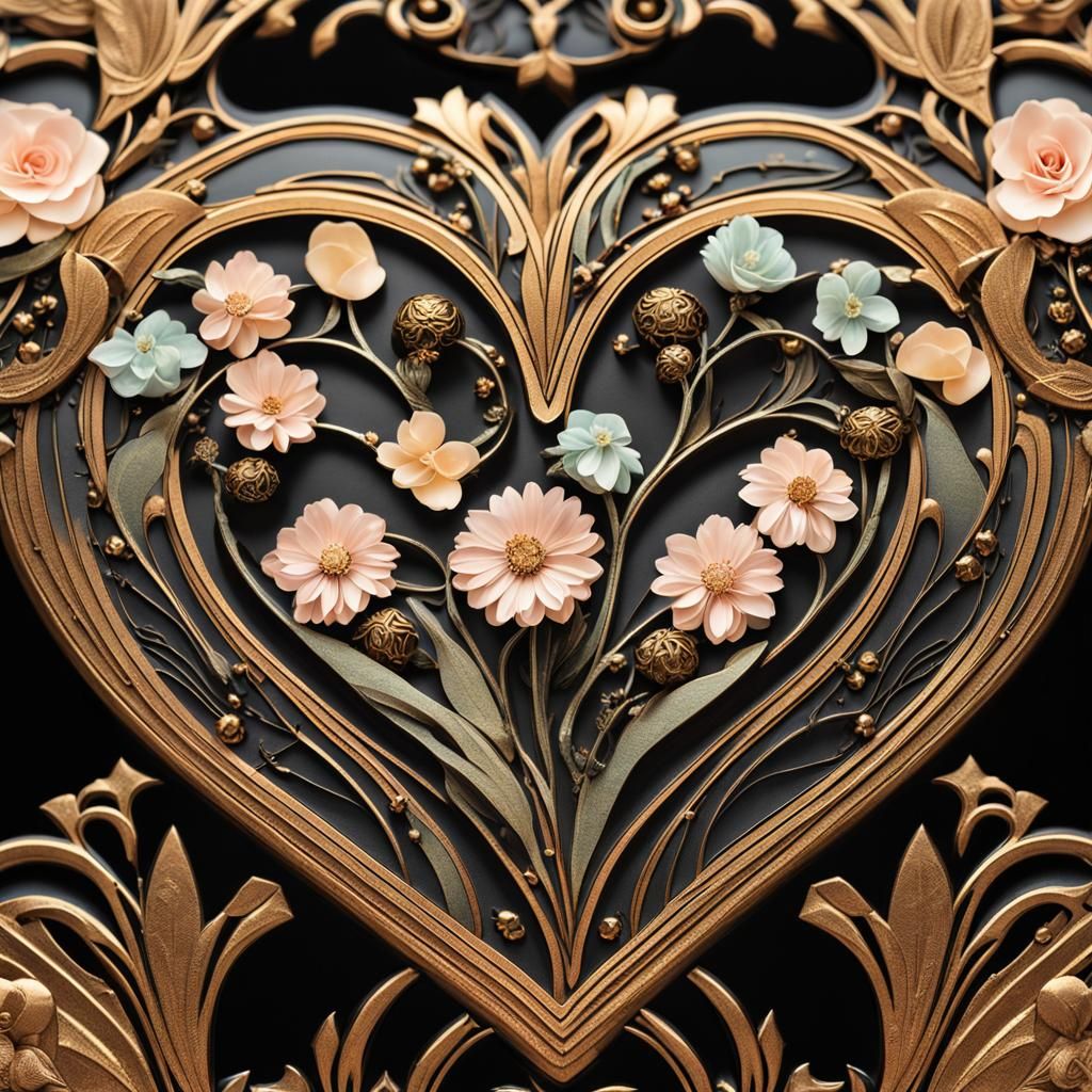 Art Deco Heart with Flowers and Geometric Details