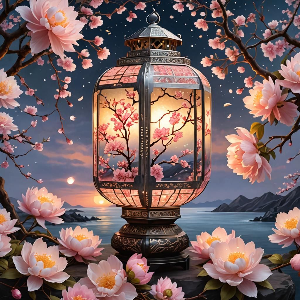 Luminous Japanese Lantern in Floral Seascape