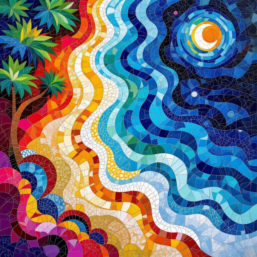Abstract Beach Mosaic with Textured Oil Paint