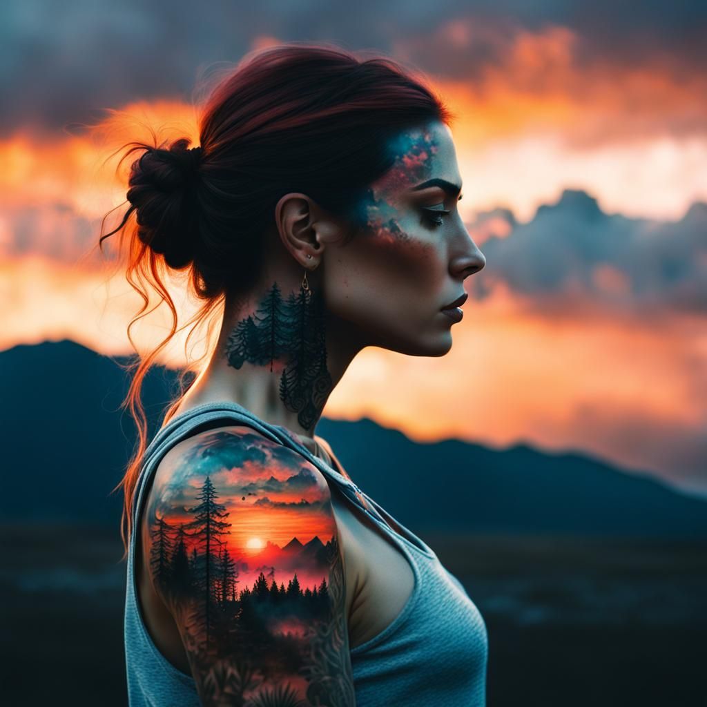 Double Exposure Girl and Sunset Tattoo