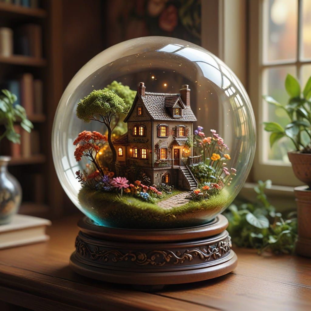 Whimsical Spring Globe with Miniature World and Rainbow Flow...