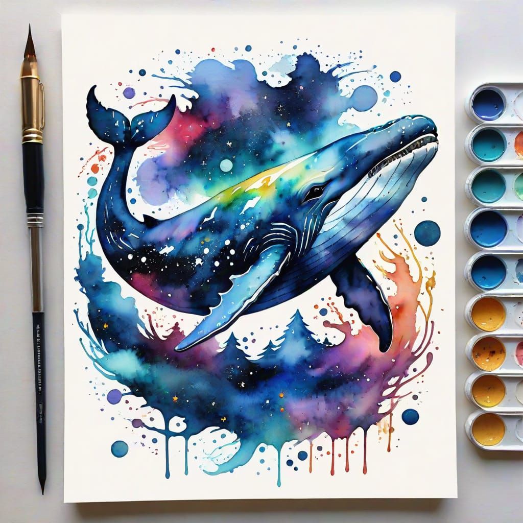 Watercolor Galaxy Whale in Space