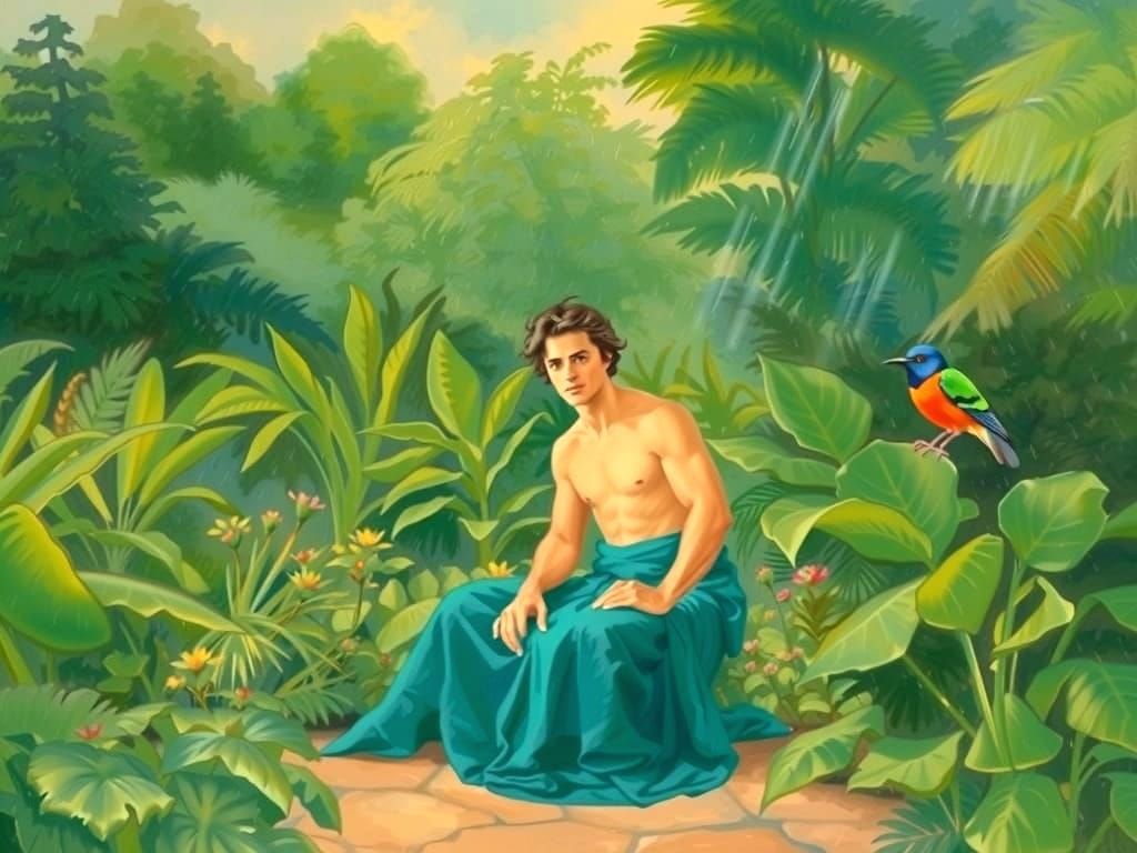 Ethereal Garden Oasis with a Strong Young Man