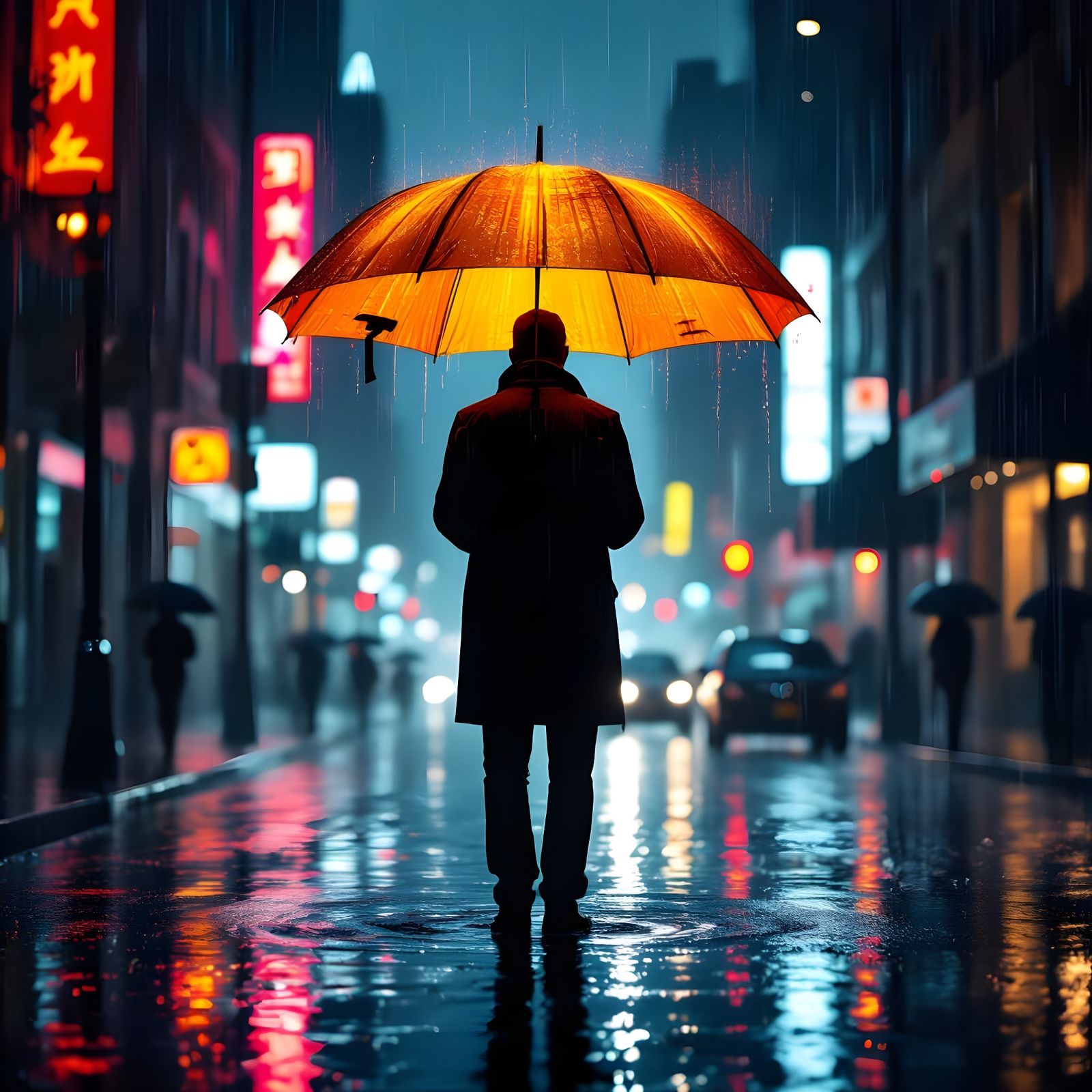 Man with Luminous Umbrella in Neon-Lit City Rain