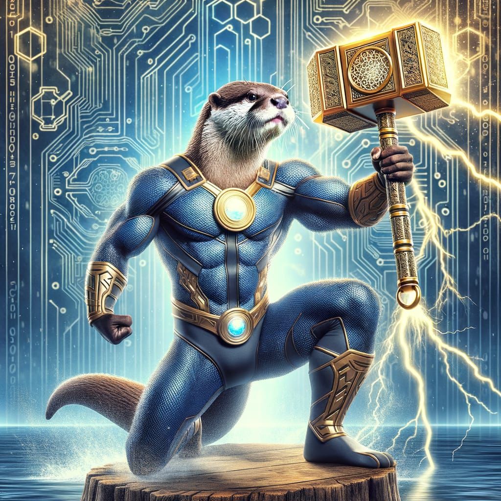 Captain Otter Superhero Landing with Mjolnir