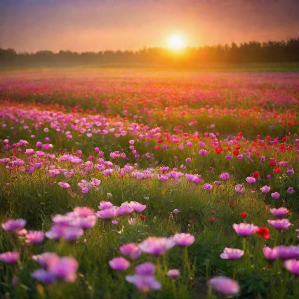 Dreamscape: Flower Field Under Morning Glow
