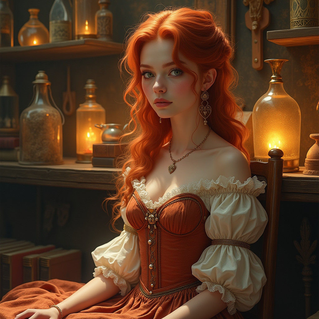 Ginger Woman in Renaissance Gown at Cozy Potions Shop