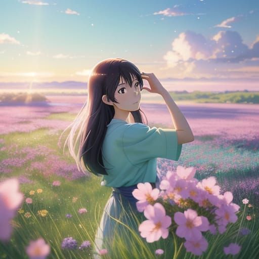 Anime Girl in Glowing Flowers Field