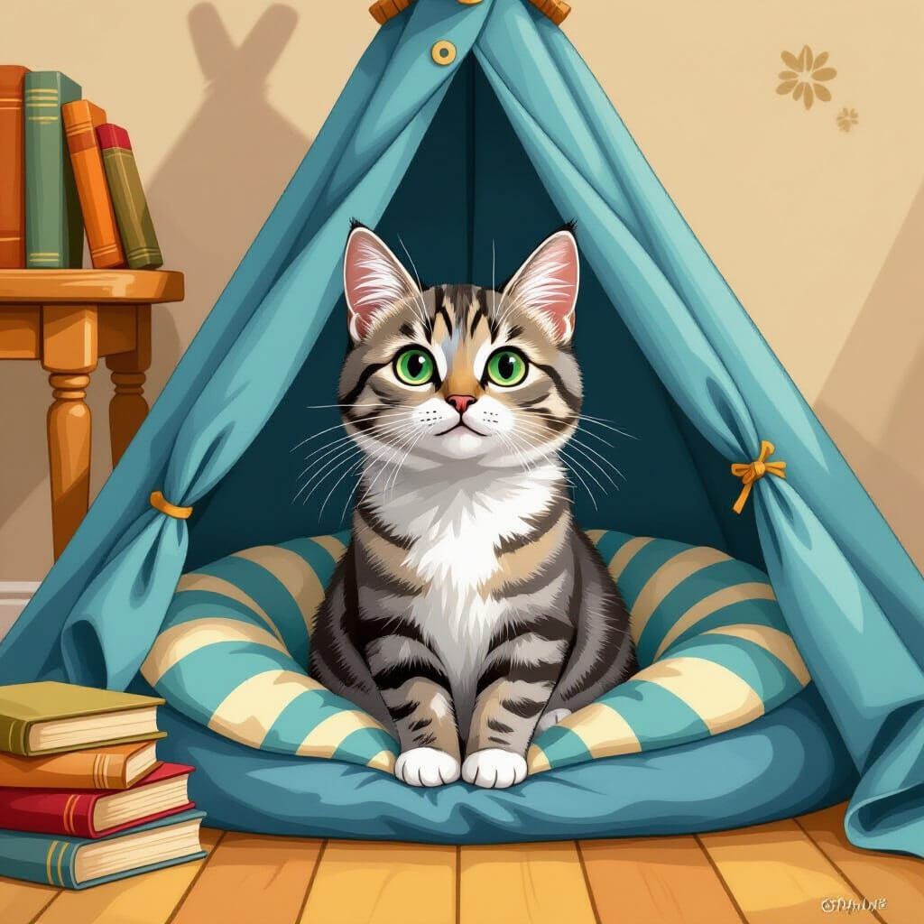 Striped Cat in Blue Tent Bed, Beatrix Potter Style