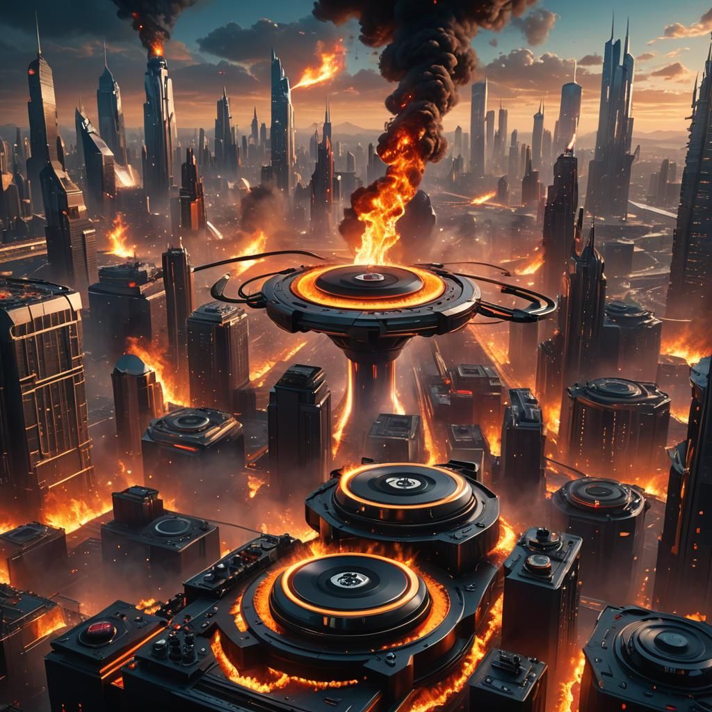 Surreal Cityscape with Burning Turntables in Foreground