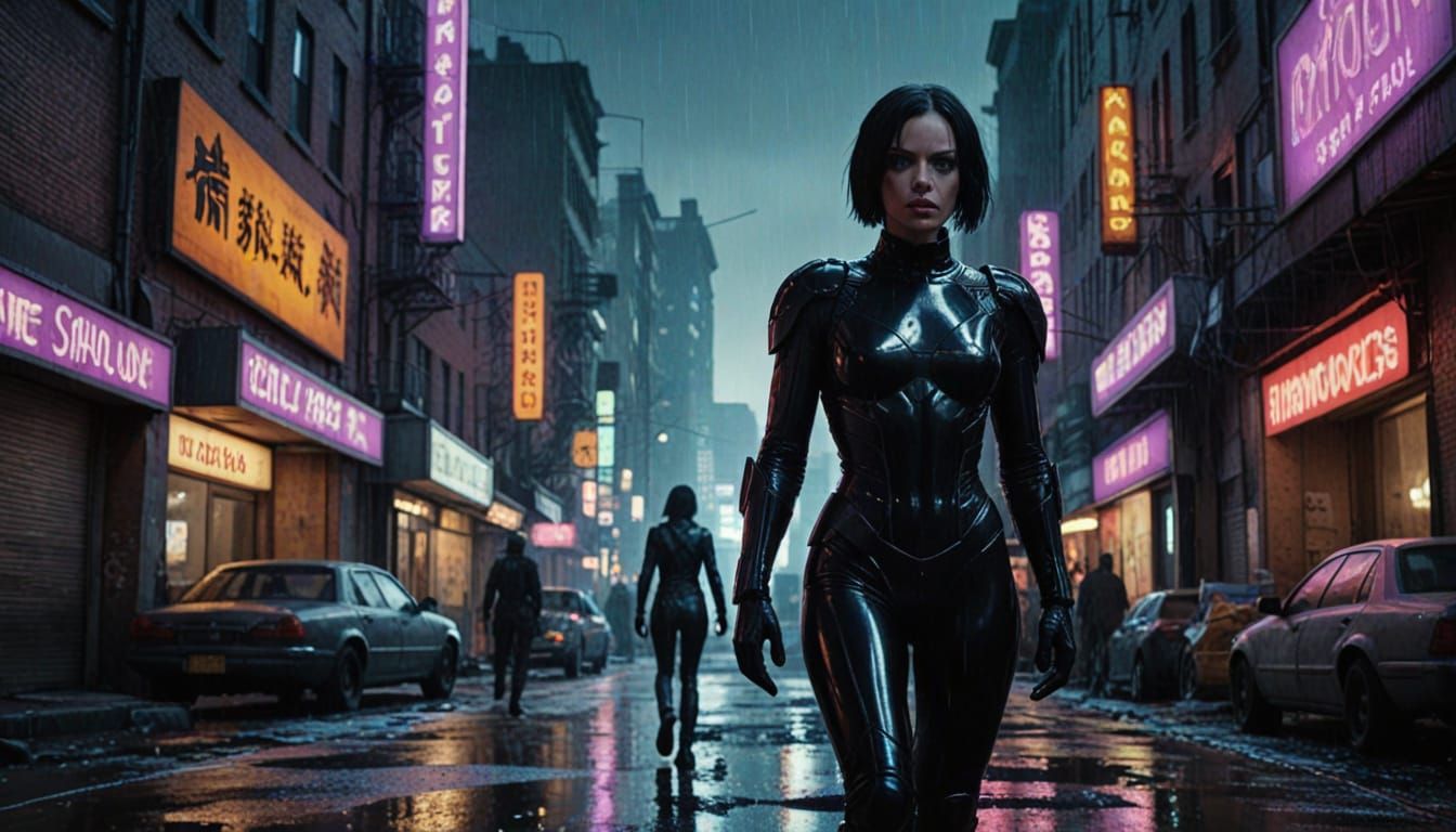 Aeon Flux in Dystopian Cityscape, Cinematic Film Still