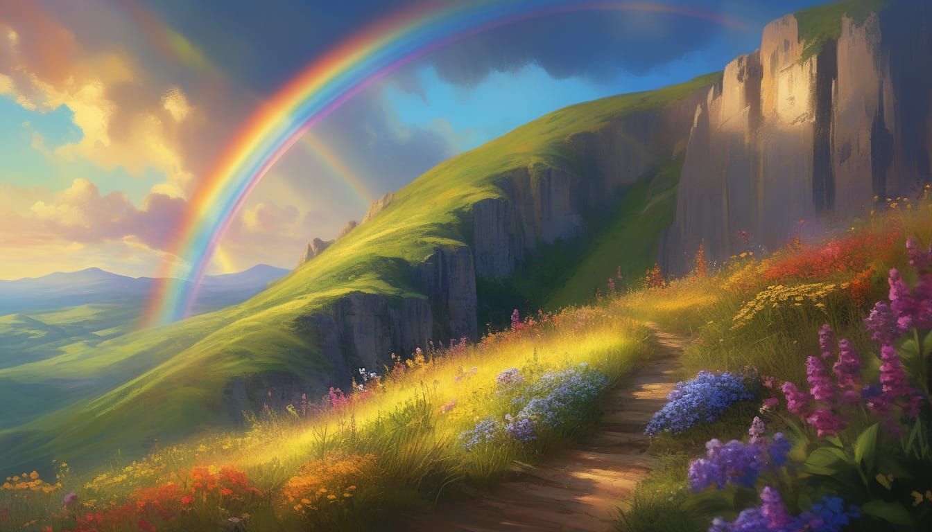 Rainbow over Wildflower Hillside in Digital Painting Style