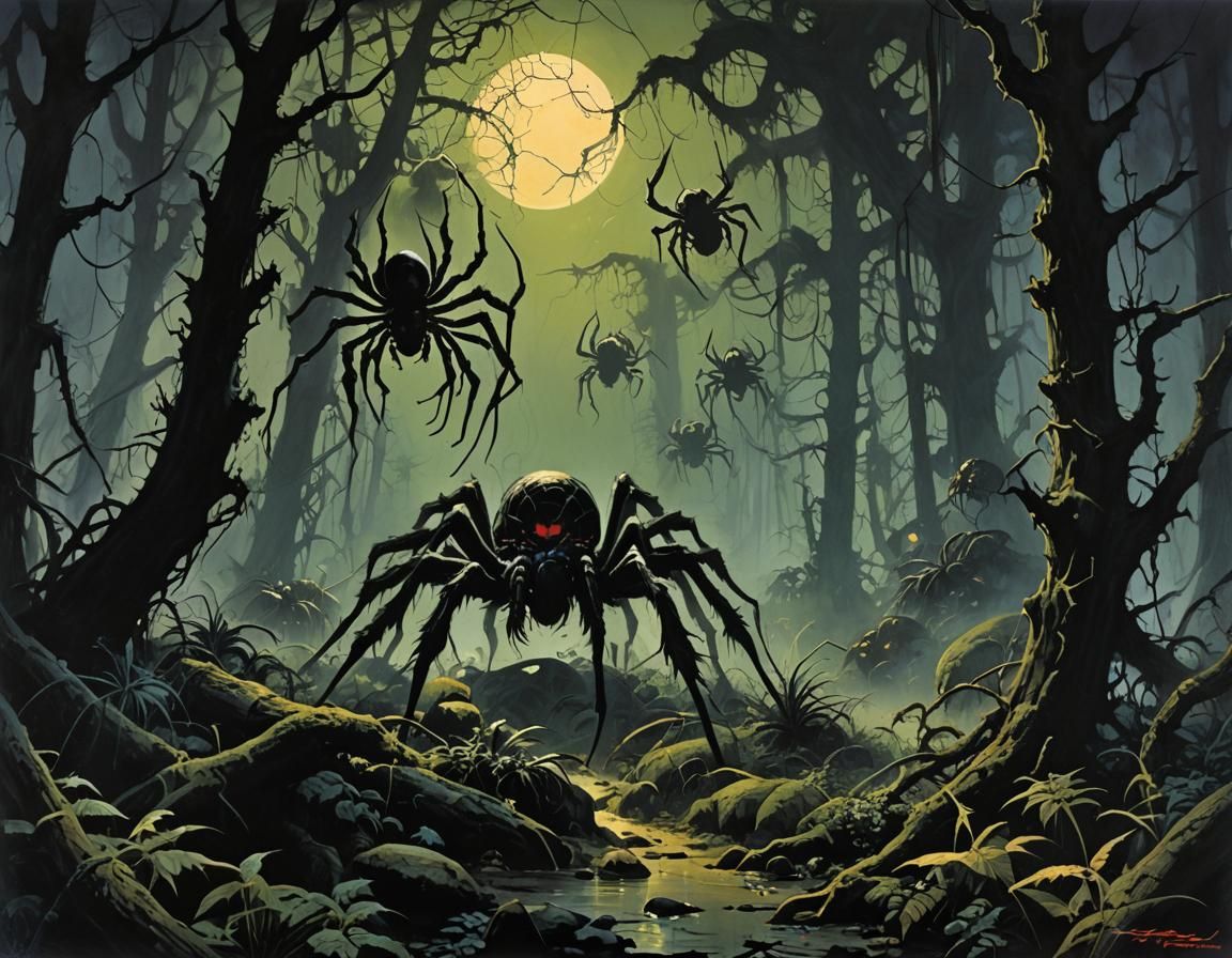 Fantasy Forest Dominated by Giant Spiders, Frazetta Style
