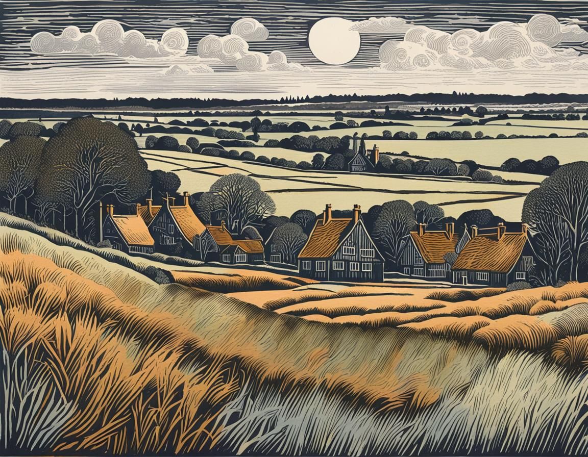 Lüneburg Heath Landscape in Warm Handcoloured Linocut Style