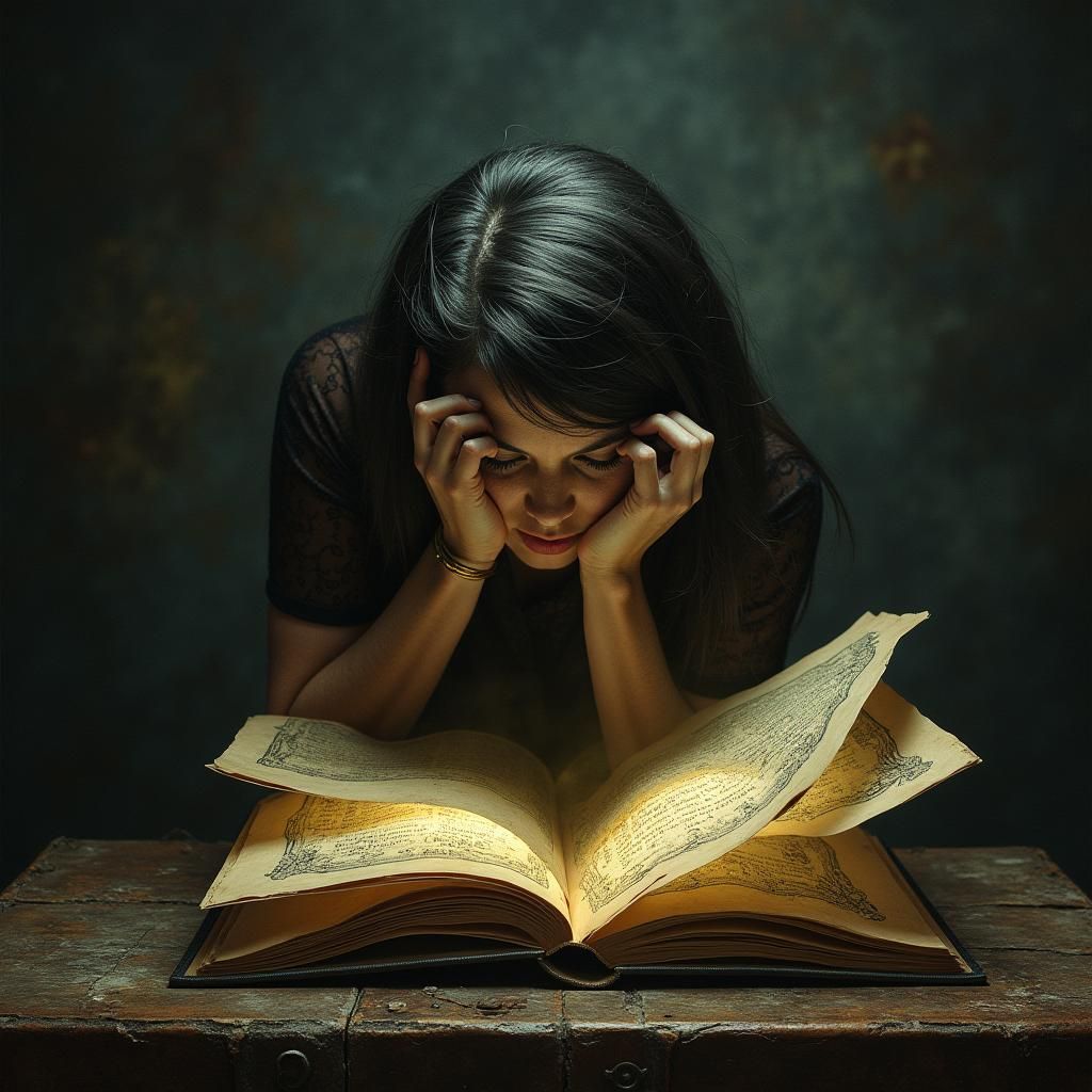 Surreal Woman Ensnared by Ancient Glowing Book