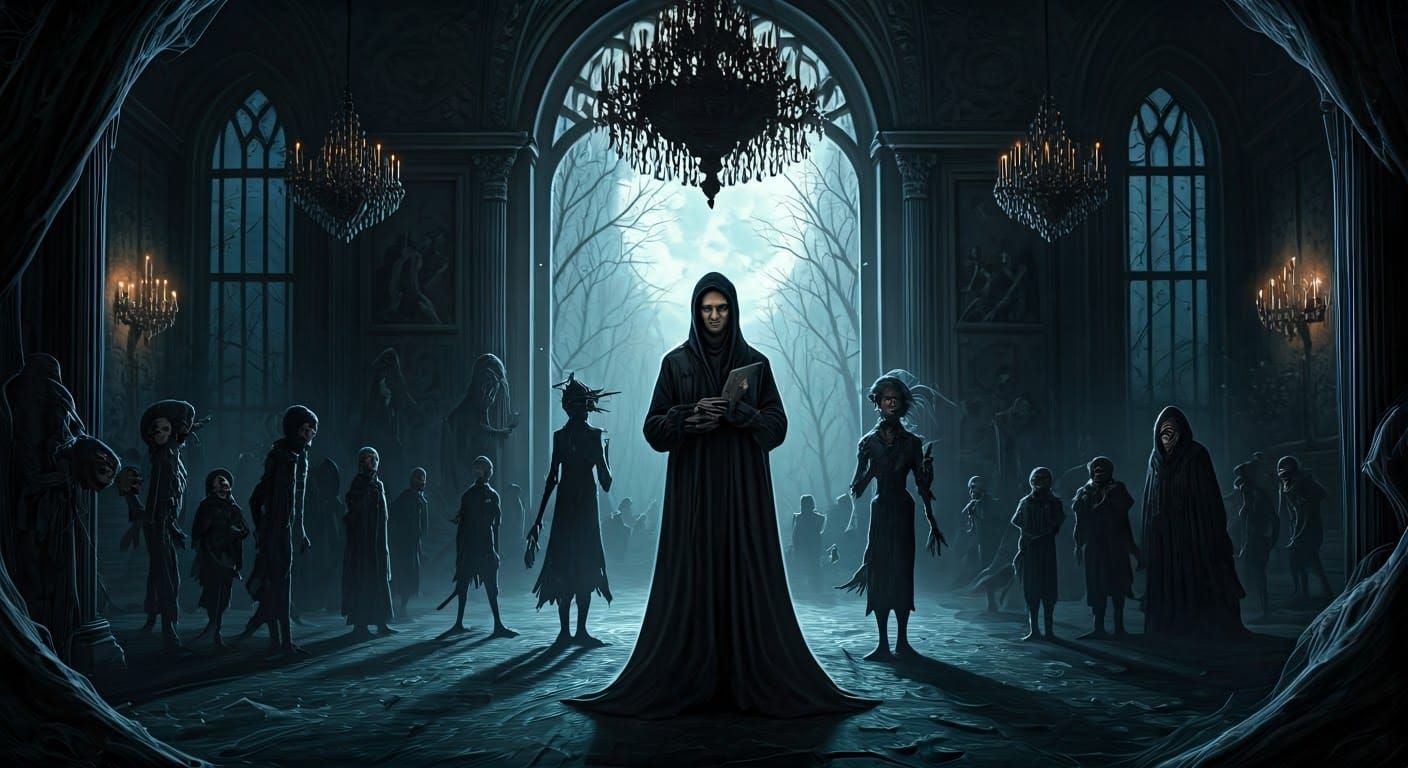 Eerie Creatures Gather in Dark Surrealist Ballroom