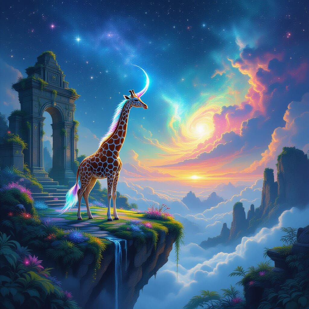 Giraffe with Crystal Horn on Floating Island Gazing at Nebul...