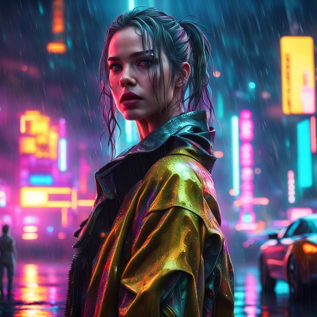 Dreamy Cyberpunk Girl in Neon Rain, 8K Digital Art