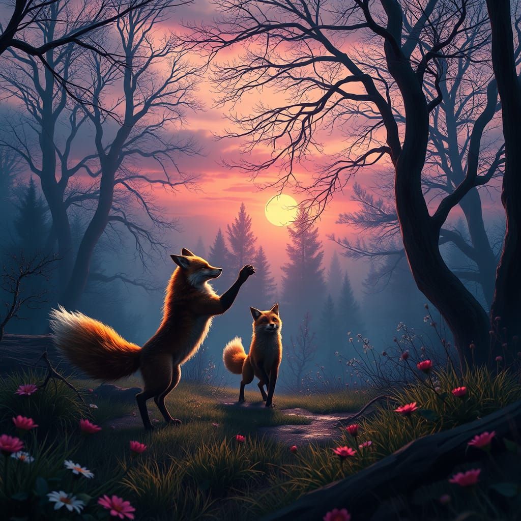 Foxes Dancing at Twilight: Fantasy Concept Art