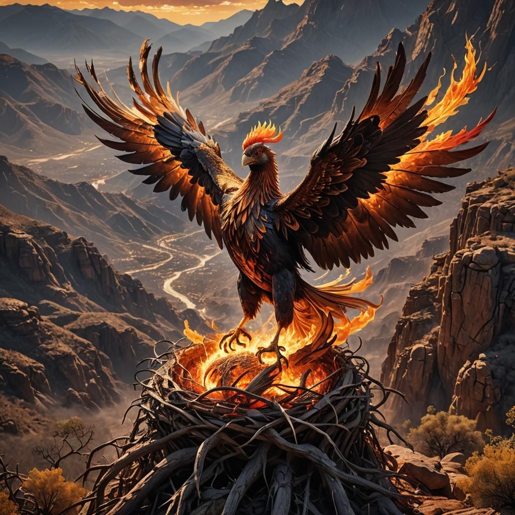 Hyperrealistic Phoenix Rising from Mountain Nest