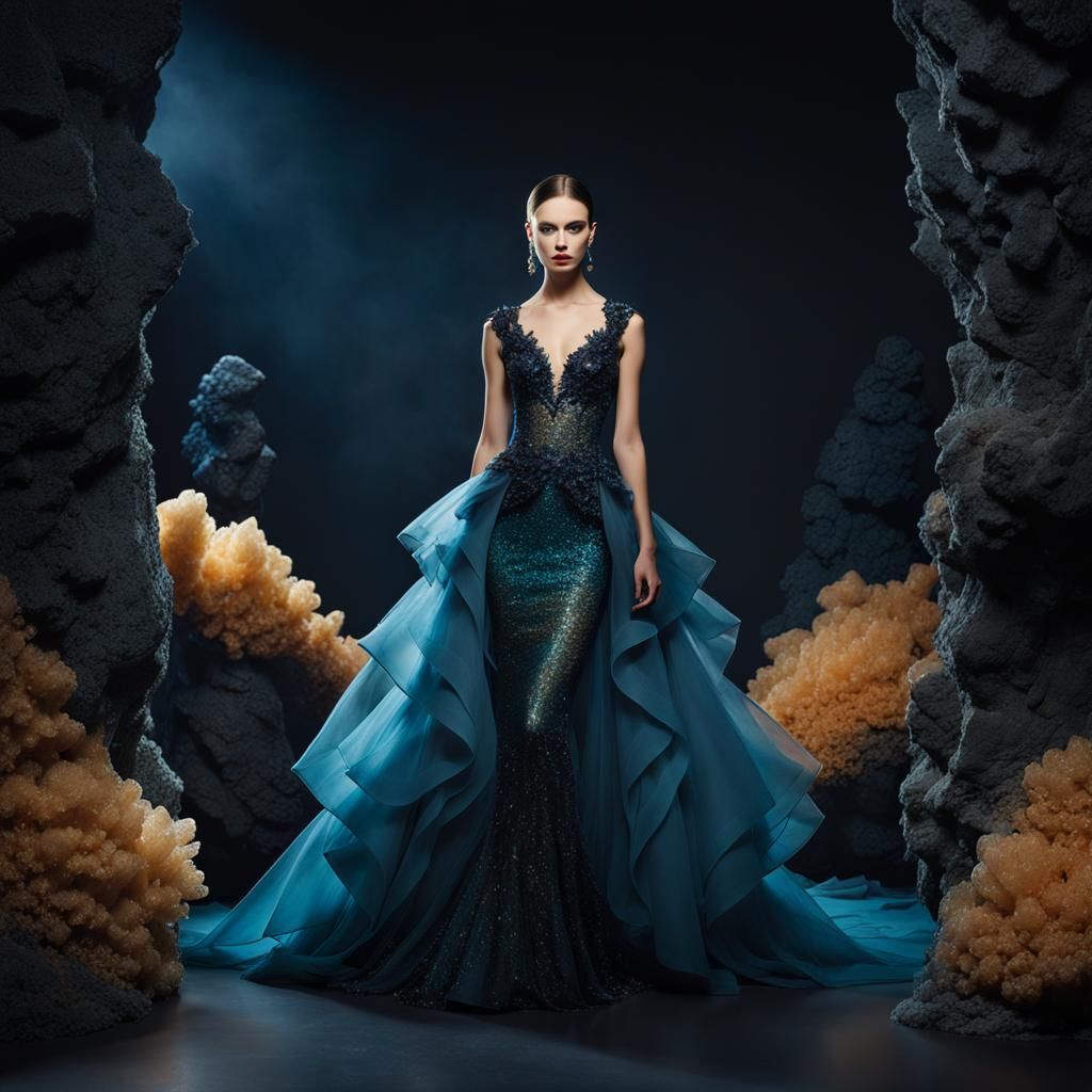 Create an evening dress that plays with stylized crystallization. Uses organza with crystal and bead applications to evo...