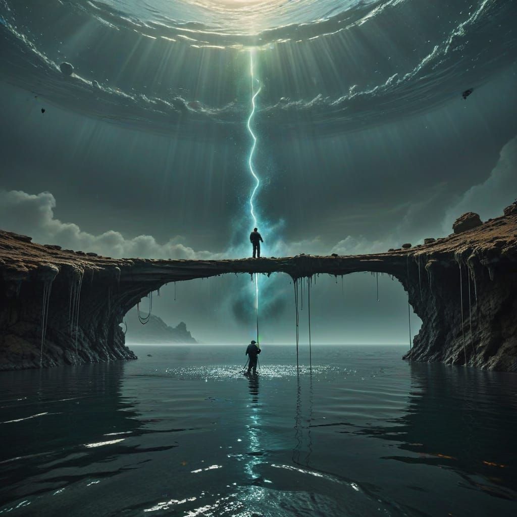 Surreal Fisherman Casts Line into Dreamlike Gas Giant Atmosp...