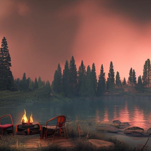 Lake Campfire in Detailed Matte Painting Style