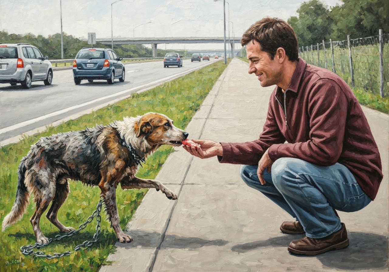 Person Feeds Injured Dog on Highway in Impasto Style