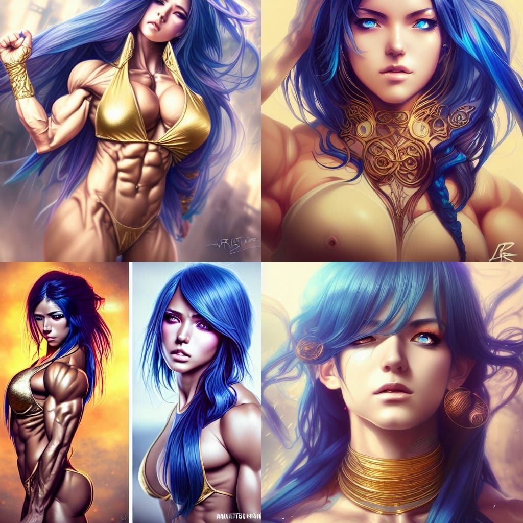 Anime Bodybuilder with Blue Hair, Digital Illustration