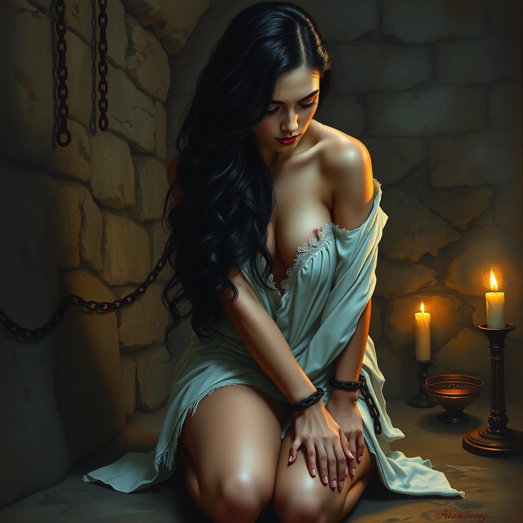 Medieval Maiden Bound to Stone Wall in Elegant White Robe