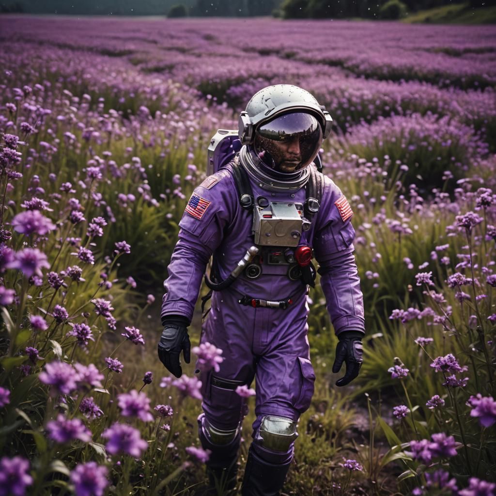 Astronaut Among Purple Flowers in Cinematic Style