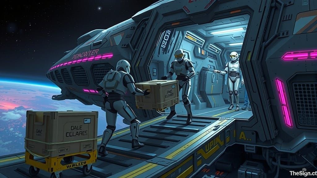 Spaceship Crew Unloads Cargo with Android Assistance