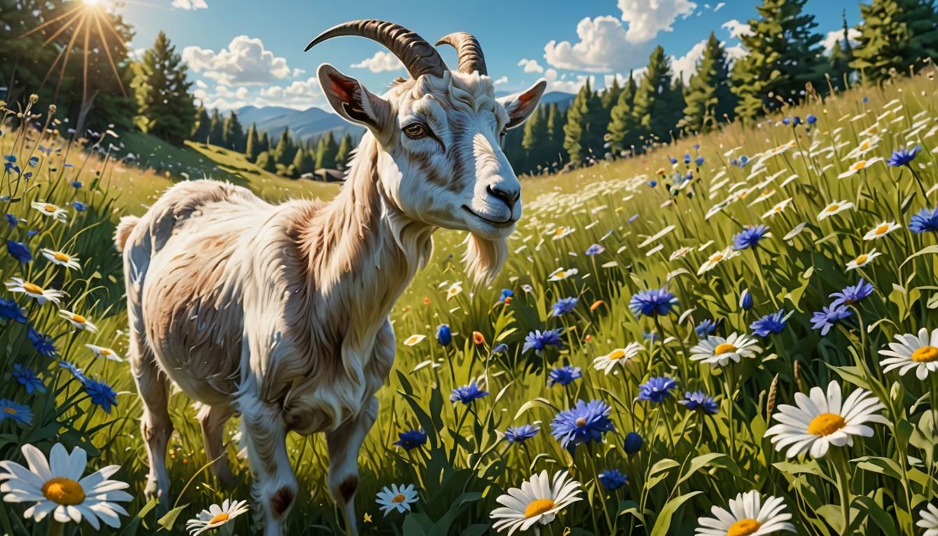 Charming Goat in Daisy Meadow: 3D Digital Art