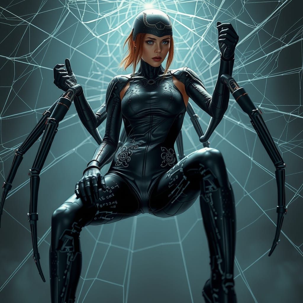 Spider-like Cyborg Woman in Dewy Web: Industrial Futurism
