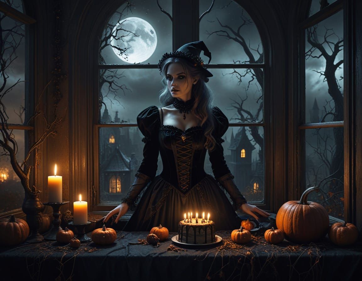 Gothic Witch and Pumpkin Spice Cake by Moonlight