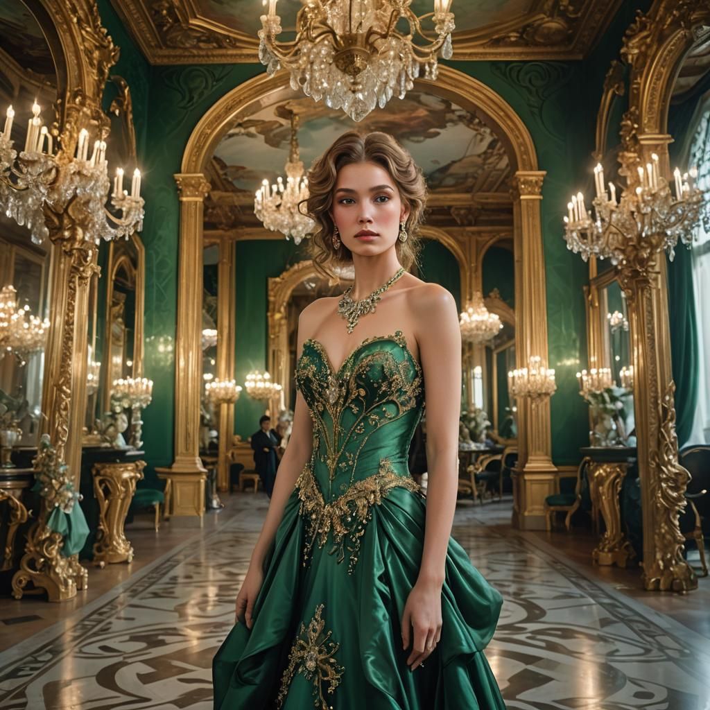 Emerald Gown in Opulent Ballroom, Art Nouveau Style