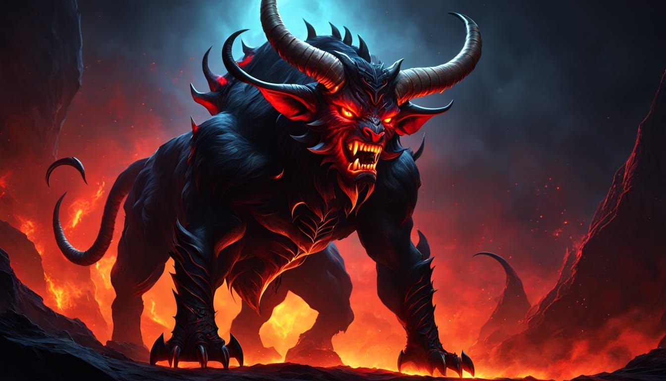 Potbellied Red Demon with Black Horns in Golden Light