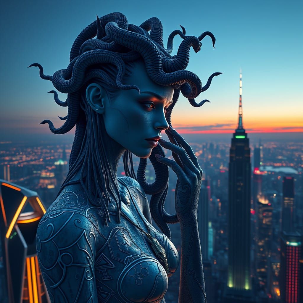 Medusa's Serene Embrace in a Futuristic Metropolis