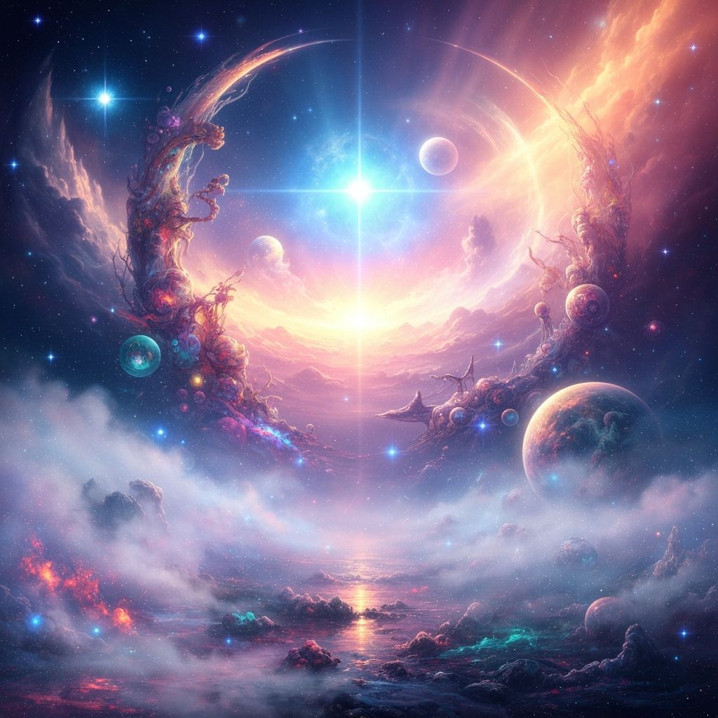 Cosmic Astral Illustration of Inner Peace in Swirling Mist