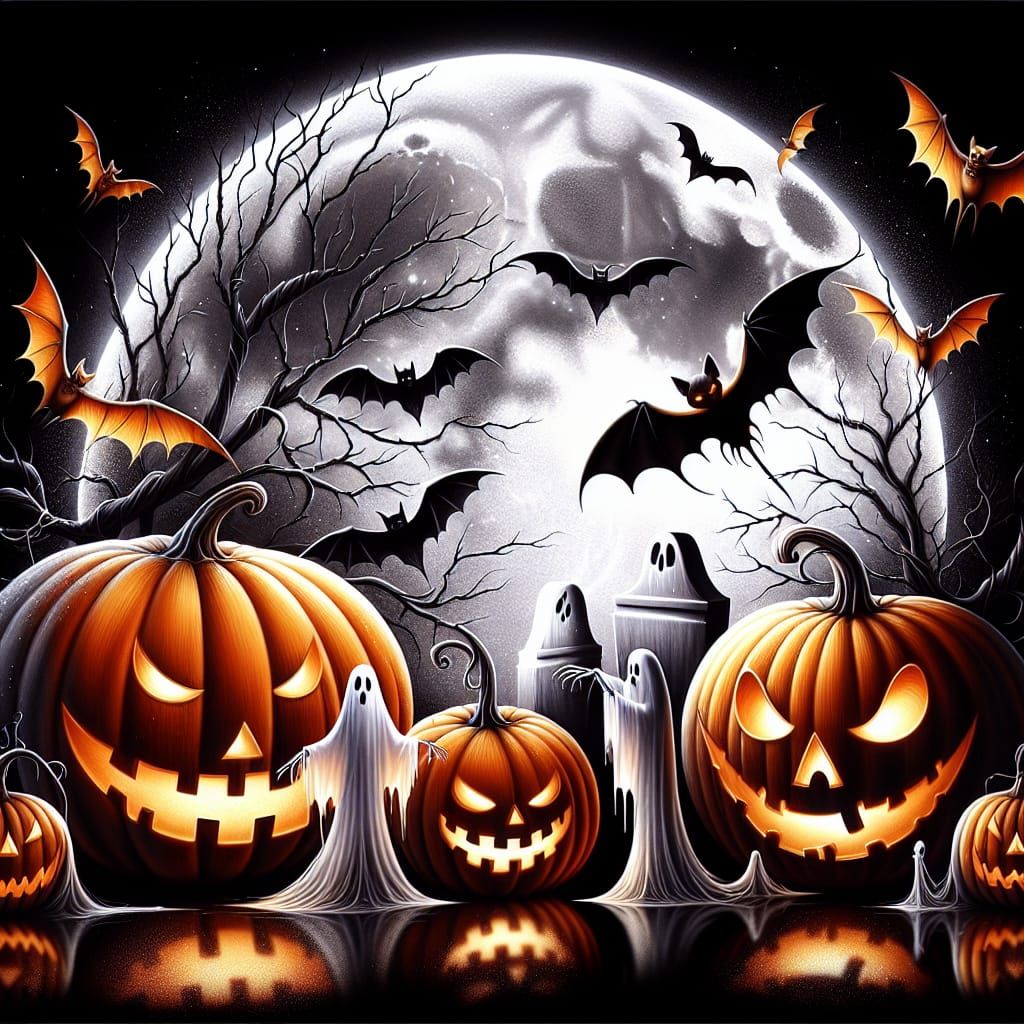 Halloween Airbrushed Art with Pumpkins, Bats and Ghosts