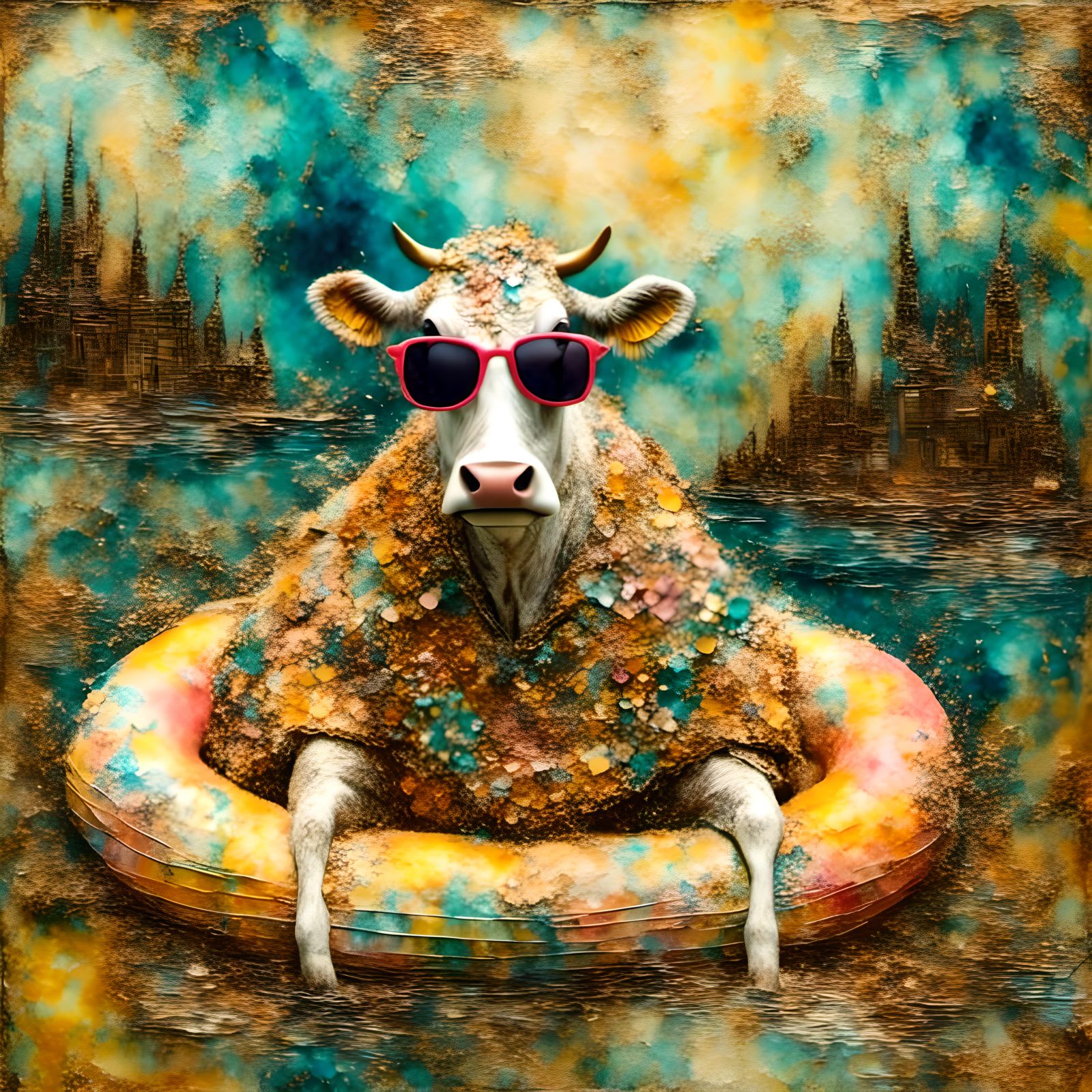 Whimsical Encaustic Collage: Cow on Rainbow Float